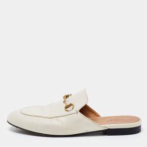 Gucci Off White Leather Princetown Flat Mules Size 38.5