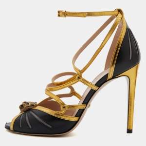 Gucci Black/Gold Leather Tiger Head Ankle Strappy Sandals Size 37