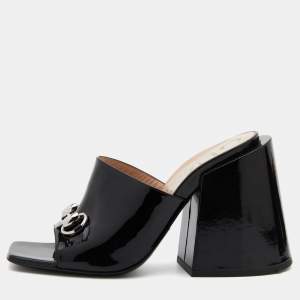 Gucci Black Patent Leather Lexi Block Heel Slide Sandals Size 37.5