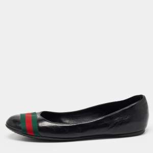 Pre Owned Gucci Black Leather Web Detail Ballet Flats Size 39