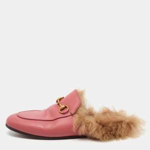Gucci Prink Leather and Fur Princetown Mules Size 36