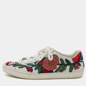 Gucci White Leather Ace Floral Embroidered Low Top Sneakers Size 39