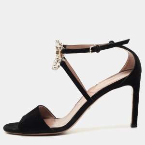 Pre Owned Gucci Black Suede interlocking G Embellished Ankle Strap Sandals Size 37