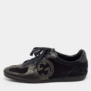 Gucci Black Suede and Textured Leather GG Low Top Sneakers Size 38