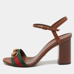 Gucci Brown Leather Horsebit Web Stripe Detail Ankle Strap Block Heel Sandals Size 37.5