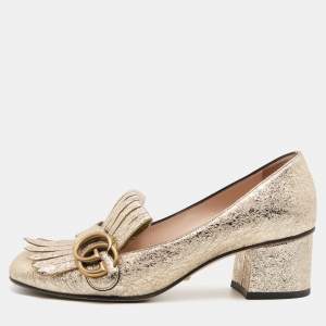 Pre Owned Gucci Metallic Gold Leather GG Marmont Fringe Detail Block Heel Pumps Size 37.5