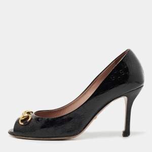 Pre Owned Gucci Black Guccissima Patent Leather Horsebit Peep Toe Pumps Size 36.5