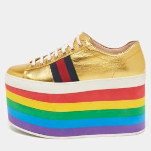 Gucci Metallic Gold Leather Peggy Platform Sneakers Size 37
