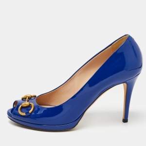 Pre Owned Gucci Blue Patent Leather New Hollywood Peep Toe Pumps Size 40