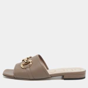 Gucci Brown Leather Horsebit Flat Slides Size 36