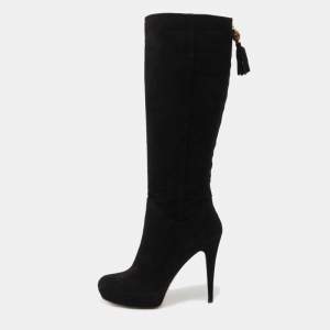 Pre Owned Gucci Black Suede Bamboo Tassel Knee Length Platform Boots Size 40