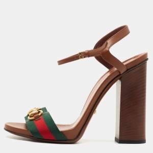 Gucci Brown Leather Web Horsebit Ankle Strap Block Heel Sandals Size 38.5