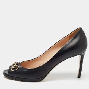 Pre Owned Gucci Black Leather Horsebit Peep Toe Platform Pumps Size 39