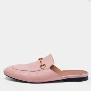 Pre Owned Gucci Pink Leather Princetown Flat Mules Size 38.5