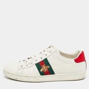 Gucci White Leather Web Ace Bee Embroidered Sneakers Size 37.5