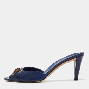 Gucci Blue Suede and Patent  Hollywood Slide Sandals Size 39.5