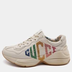 Gucci White Leather Glitter Rhyton Lace Up Sneakers Size 36.5