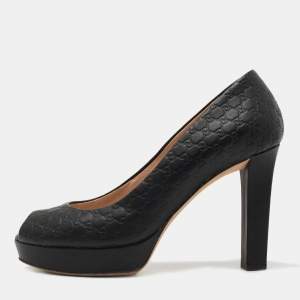 مملوكة مسبقًا Gucci Black Microguccissima Leather Peep Toe Platform Pumps Size 38