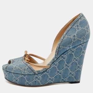 Gucci Blue GG Canvas Bamboo Peep Toe Platform Wedge Pumps Size 39