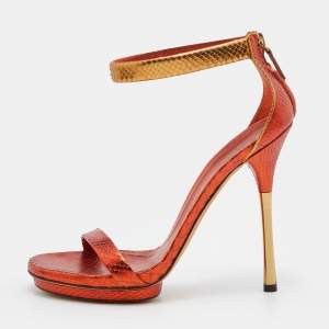 Gucci Metallic Orange Python Leather Kelis Ankle Strap Sandals Size 38