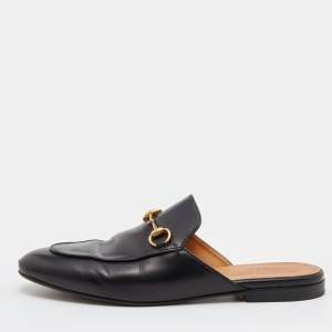 Gucci Black Leather Horsebit Princetown Flat Mules Size 38.5