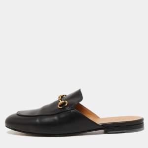 Gucci Black Leather Princetown Flat Mules Size 39.5 