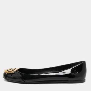 Pre Owned Gucci Black Patent Interlcoking G Ballet Flats Size 38