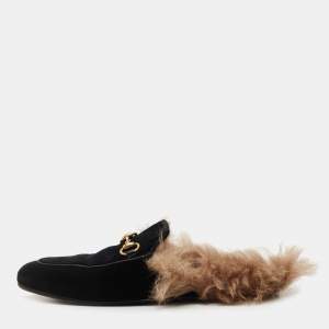 Gucci Black Velvet and Fur Princetown Flat Mules Size 36