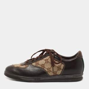 Gucci Brown/Beige GG Canvas and Leather Low Top Sneakers Size 37.5