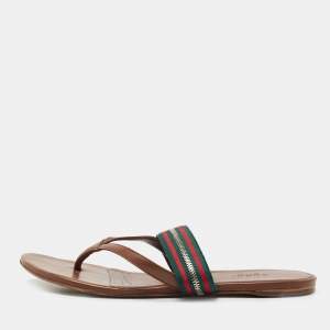 Pre Owned Gucci Brown Leather and Canvas Web Thong Flats Size 37.5