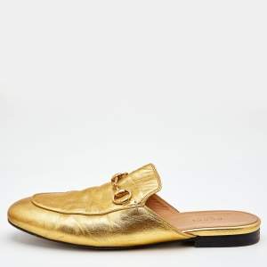 Pre Owned Gucci Metallic Gold Leather Princetown Horsebit Flat Mules Size 38