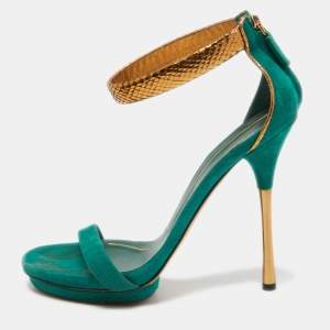 Gucci Green/Gold Suede and Snakeskin Ankle Strap Sandals Size 38