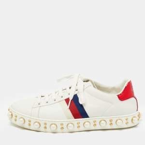 Gucci White Leather Pearl Embellished New Ace Sneakers Size 38.5