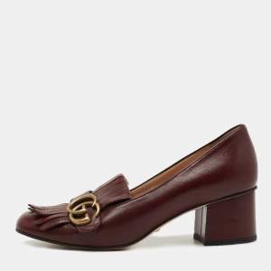 Gucci Burgundy Leather GG Marmont Fringe Pumps Size 38