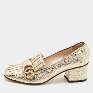 Pre Owned Gucci Gold Laminated Leather Double G Fringe Pumps Size 36.5