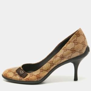 Gucci Brown/Beige GG Crystal Supreme Canvas Round Toe Pumps Size 38.5