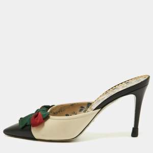 Gucci Black Leather Sackville Web Bow Mule Sandals Size 41