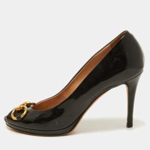 Pre Owned Gucci Black Patent Leather New Hollywood Horsebit Peep Toe Pumps Size 38.5