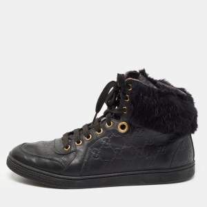 Gucci Black Guccissima Leather and Fur Trim Cada High Top Sneakers Size 40