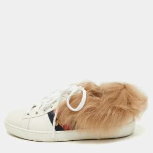 Gucci White Leather and Fur Bee Embroidered Ace Sneakers Size 35