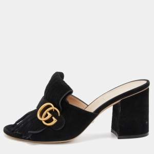 Gucci Black Suede Double G Block Heel Slide Sandals Size 38