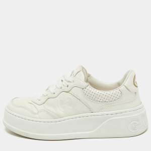 Gucci White Leather GG Embossed Perforated Leather Trainers Sneakers Size 36