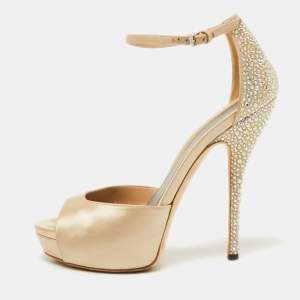 Gucci Beige Satin Crystal Embellished Ankle Strap Sandals Size 36