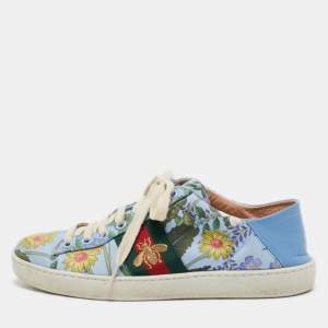 Gucci Blue Canvas and Leather  Flower Print  Ace Sneakers Size 37