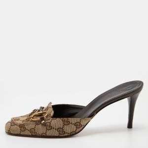 Gucci Beige/Brown GG Canvas and Leather Horsebit Mules Size 39