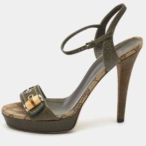 Gucci Olive Green Leather Ankle Strap Platform Sandals Size 38