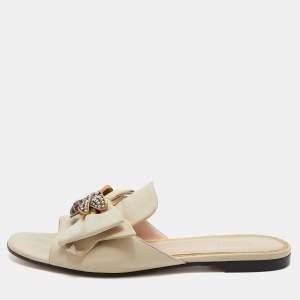 Gucci Cream Leather Bee Embellished Bow Accents Flat Slides Size 38.5
