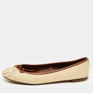 Pre Owned Gucci Cream/Brown Leather and Raffia Interlocking G Logo Ballet Flats Size 38.5