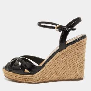 Gucci Black Micro Guccissima Patent Leather Penelope Espadrille Wedge Sandals Size 38.5