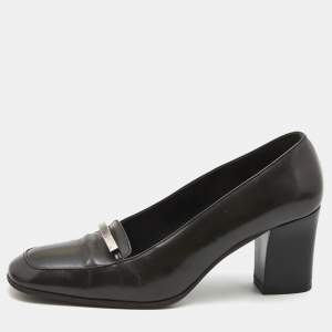 Pre Owned Gucci Dark Grey Leather Loafer Pumps Size 37.5